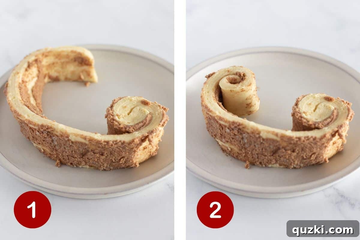 Simple & Sweet Heart Cinnamon Rolls 4 Illustrative image showing the process of unrolling one side of a cinnamon roll and coiling it back to form the top curves of a heart shape.