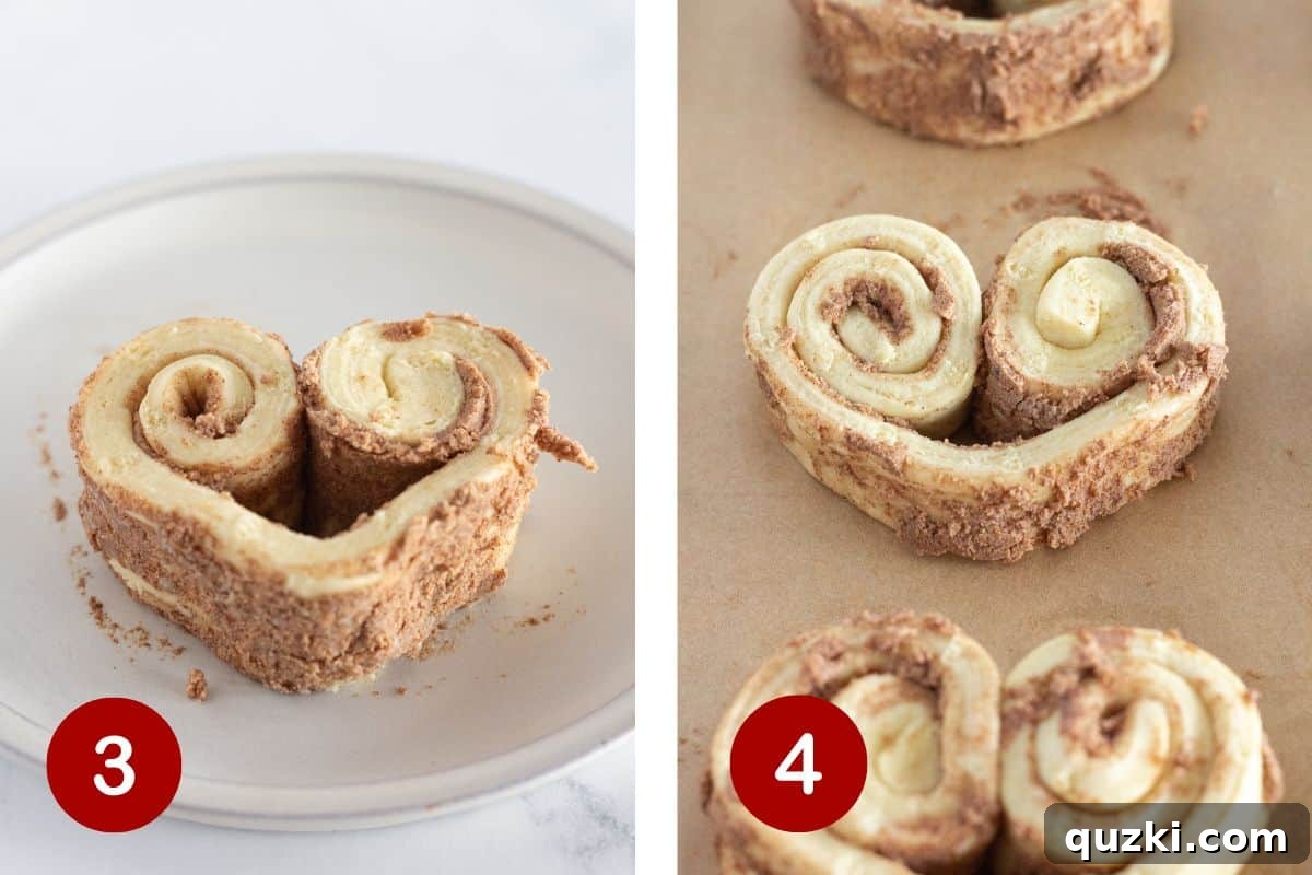 Simple & Sweet Heart Cinnamon Rolls 5 The process of forming a heart shape with the cinnamon roll dough and arranging them on a baking sheet before baking.