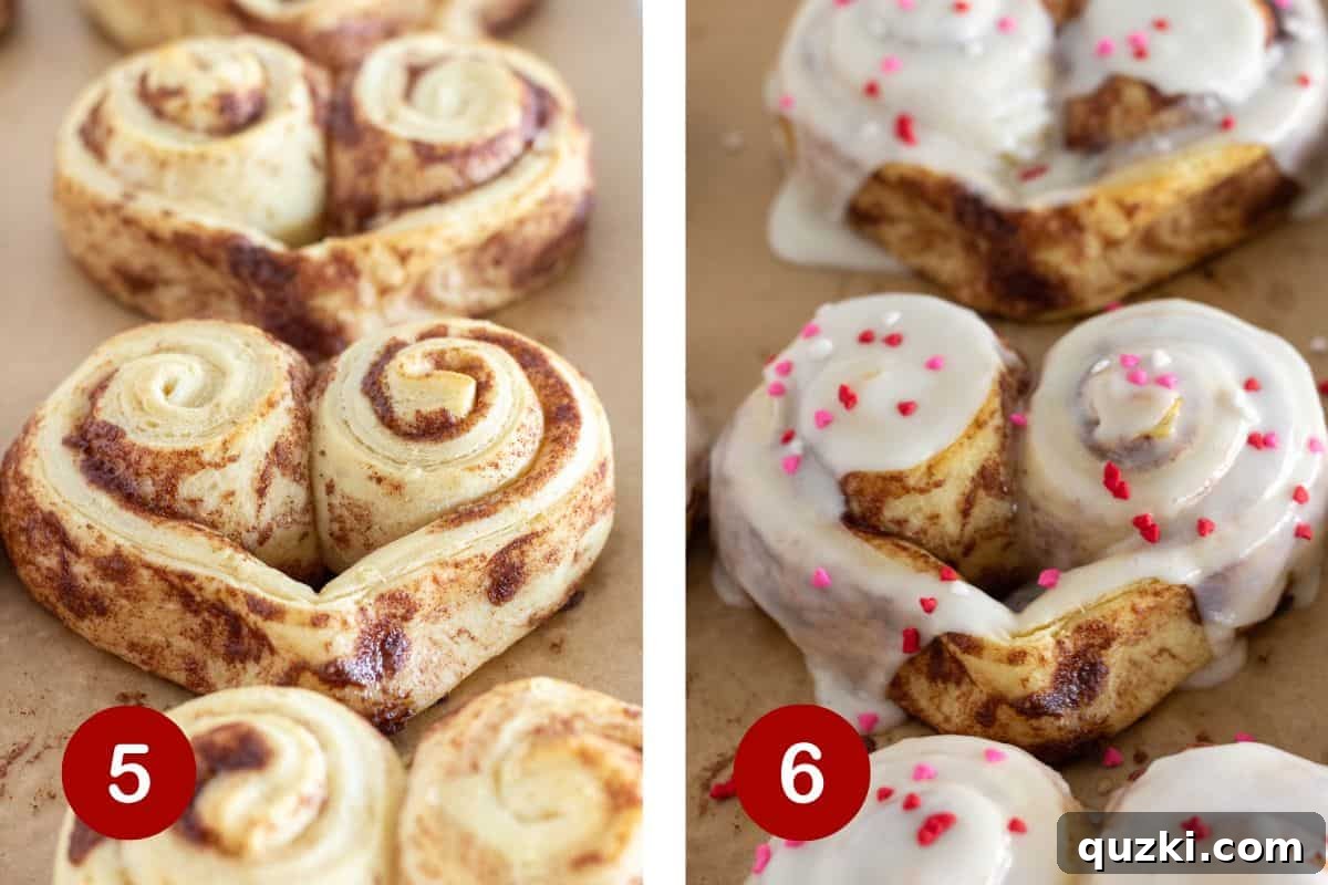 Simple & Sweet Heart Cinnamon Rolls 6 Freshly baked heart-shaped cinnamon rolls being topped with frosting and festive sprinkles.