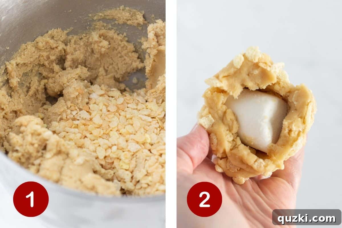 Ultimate Rice Krispie Cookies 4 The process of preparing Rice Krispie cookie dough, showing a large marshmallow being carefully enclosed within a ball of dough.