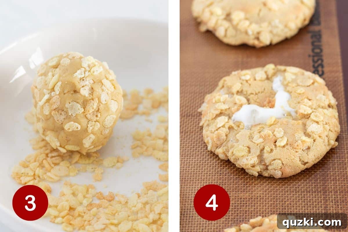 Ultimate Rice Krispie Cookies 5 A cookie dough ball being rolled in a bowl of Rice Krispie cereal, followed by a tray of golden-brown Rice Krispie Cookies fresh out of the oven.