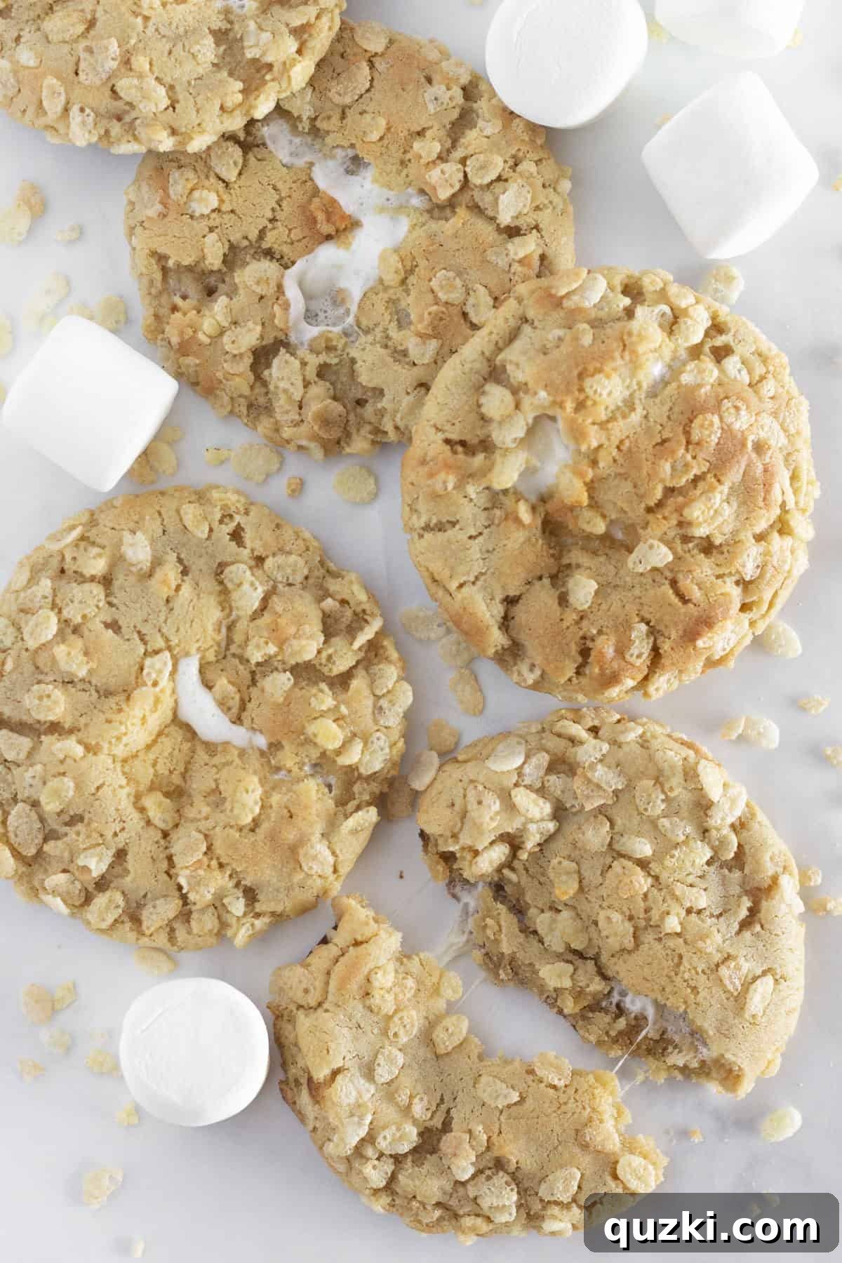 Ultimate Rice Krispie Cookies 6 A close-up view of a half-dozen freshly baked Rice Krispie Cookies, showcasing their appealing golden-brown color, crispy texture, and perfectly round shape.