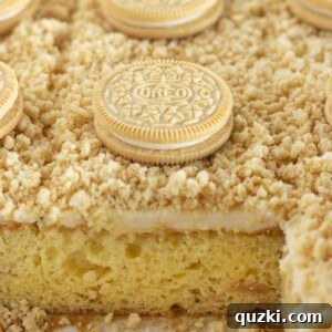 Golden Oreo Cake with cookies baked inside and topped with them.