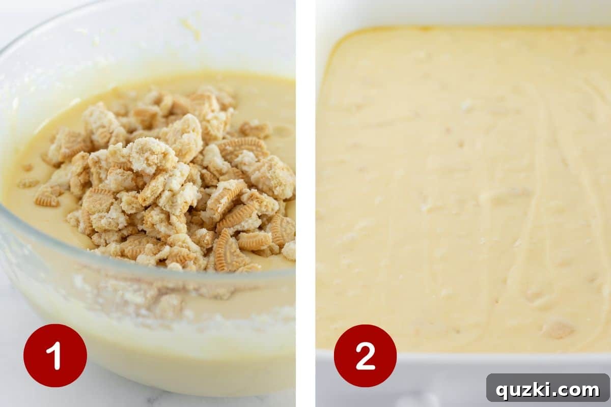 Golden Oreo Bliss Cake 4 Images showing the process of mixing Golden Oreo crumbs into cake batter and then pouring the batter into a 9x13 inch baking pan.