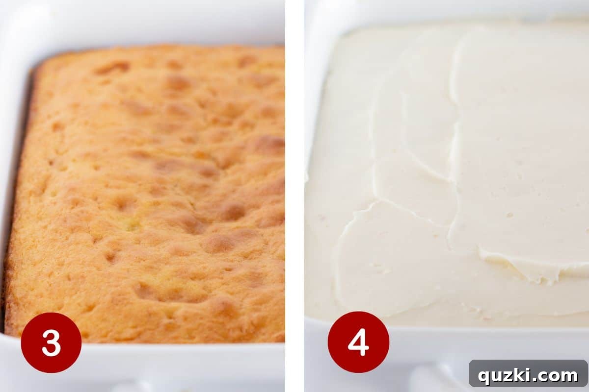 Golden Oreo Bliss Cake 5 Visual steps of the cake baking in the oven and then being generously frosted with a creamy cream cheese frosting.