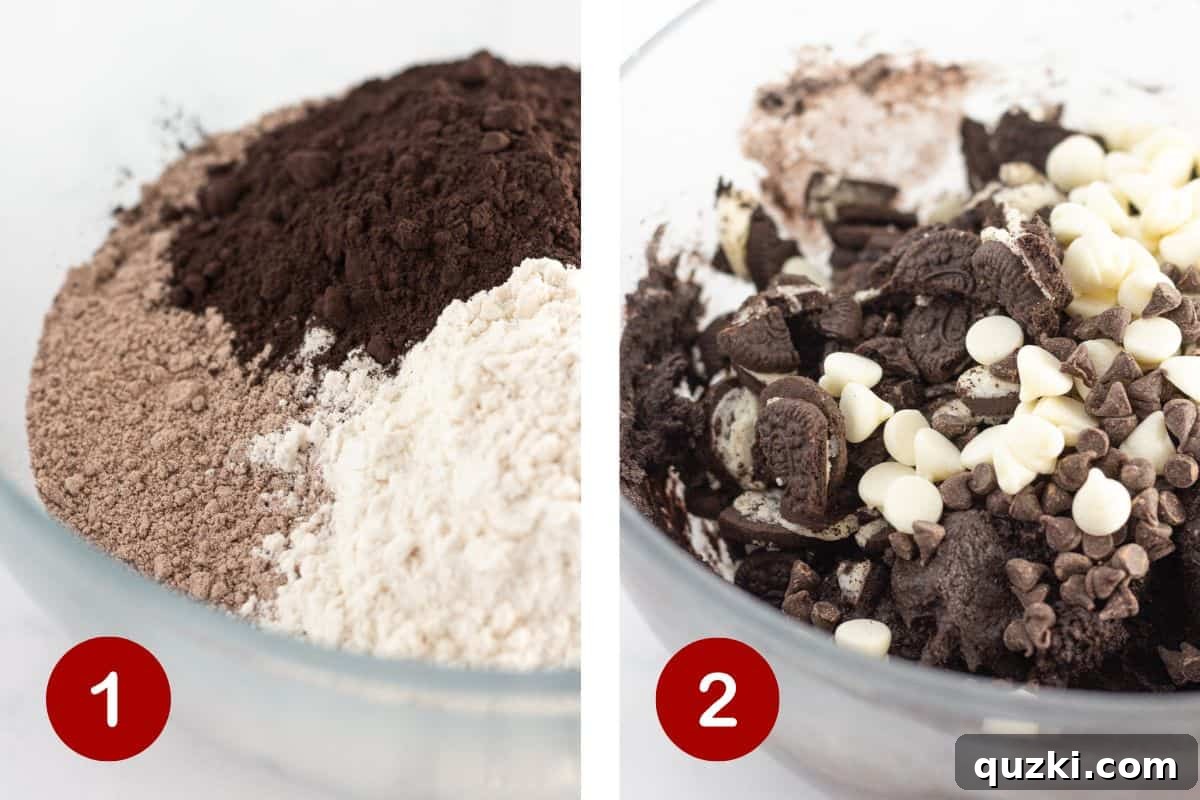 Effortless Chocolate Cookies & Cream Delights 3 Step-by-step process of mixing dry ingredients, combining with wet ingredients to form cookie dough, and folding in add-ins like Oreo pieces and chocolate chips.