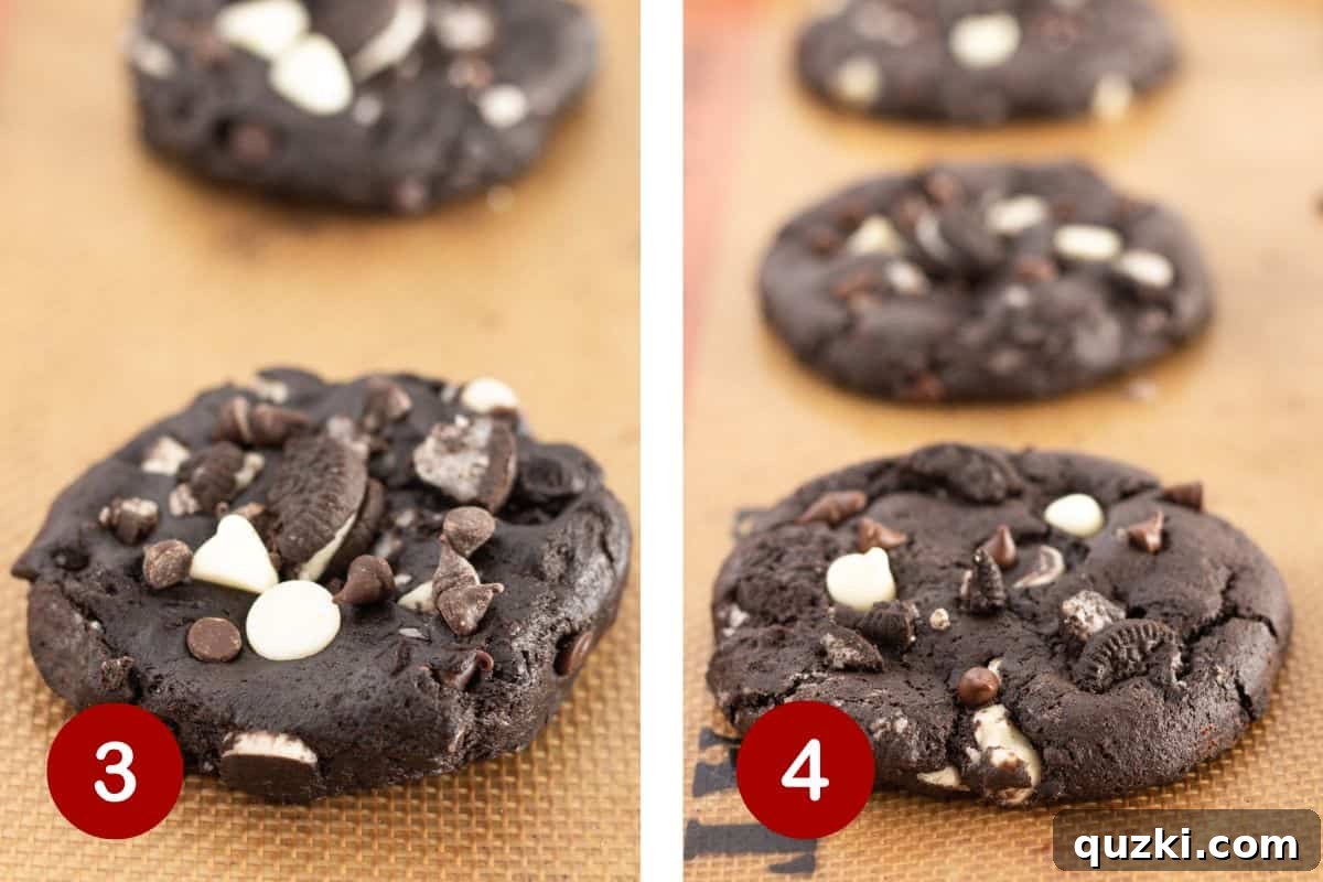 Effortless Chocolate Cookies & Cream Delights 4 Illustrations of portioning cookie dough, baking on a sheet, and adding extra toppings to hot cookies for a professional finish.