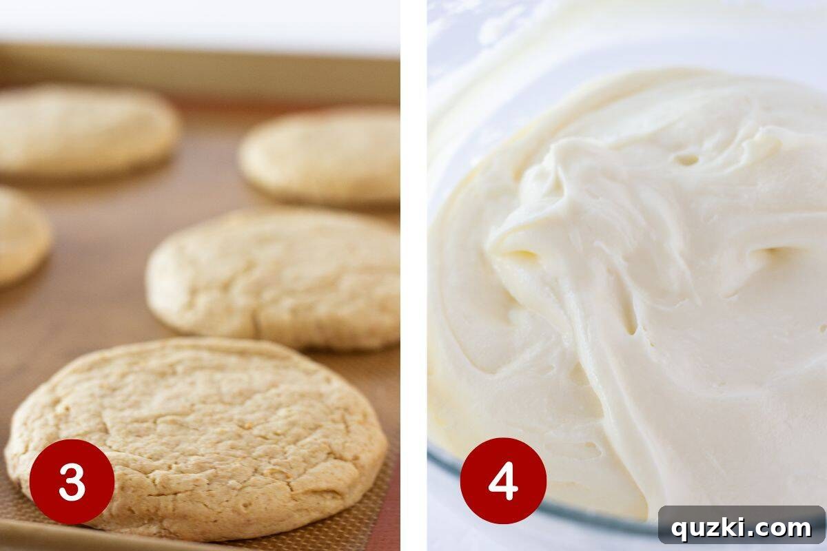 Simple Zesty Lemon Cheesecake Cookies 5 Images showing the cookies baking in the oven and the preparation of the smooth cream cheese frosting.