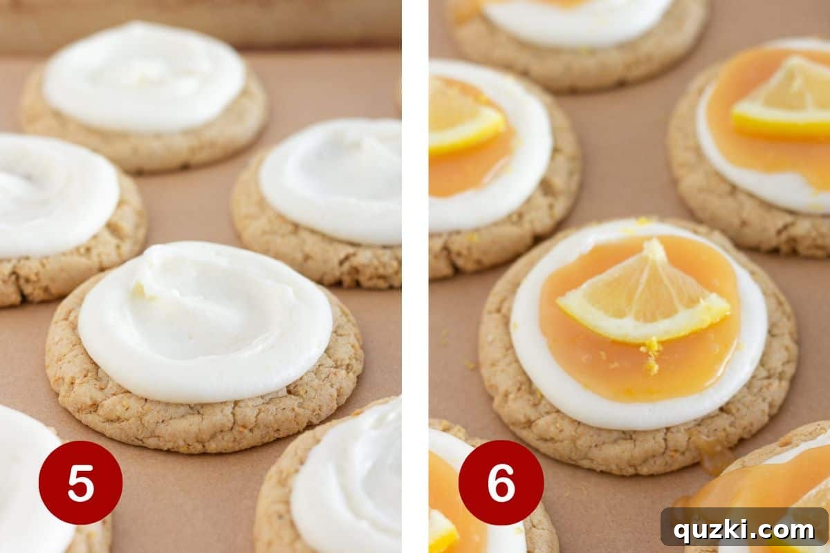 Simple Zesty Lemon Cheesecake Cookies 6 Cookies being topped with creamy frosting and then a dollop of vibrant lemon curd.