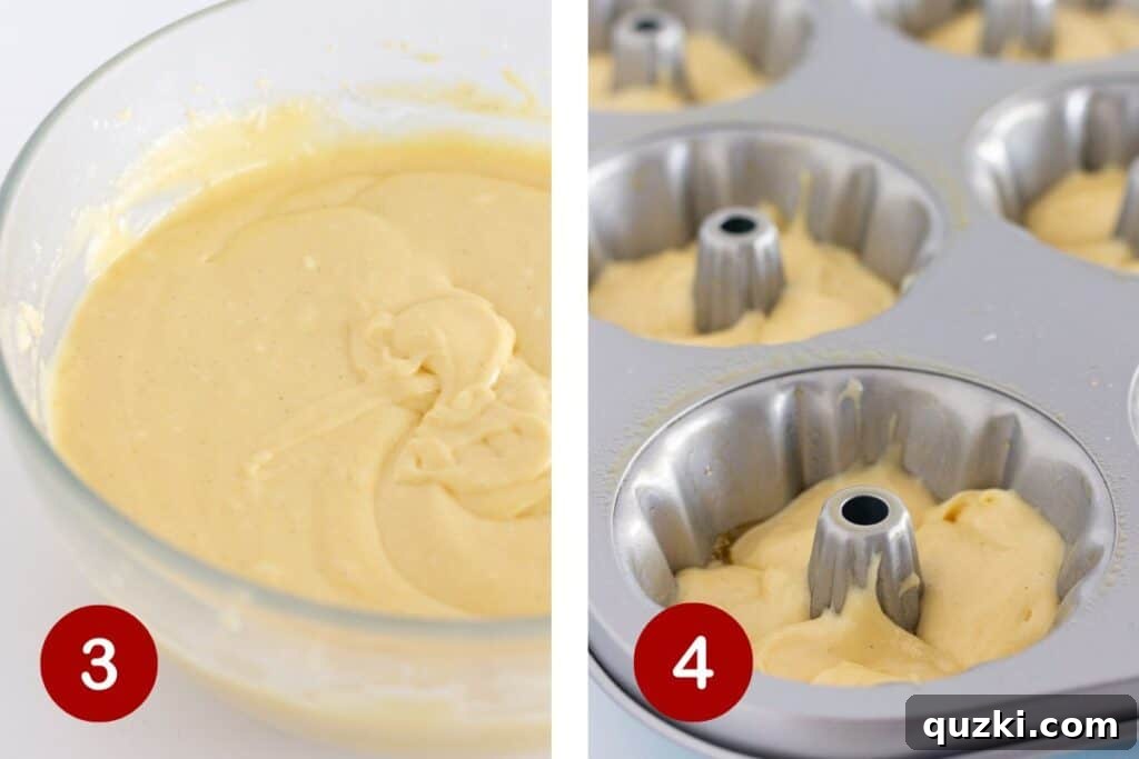 Irresistible Miniature Pound Cakes 5 A mini bundt pan filled with cake batter, ready for baking.