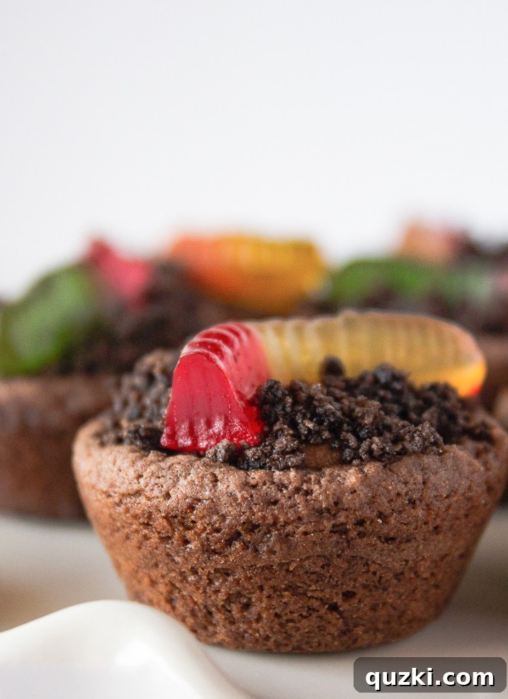 Cake Mix Cookie Magic: Decadent Chocolate Treats 15 Fun Dirt Cup Cookie Bites arranged on a white cake plate, featuring gummy worms and cookie crumbs.