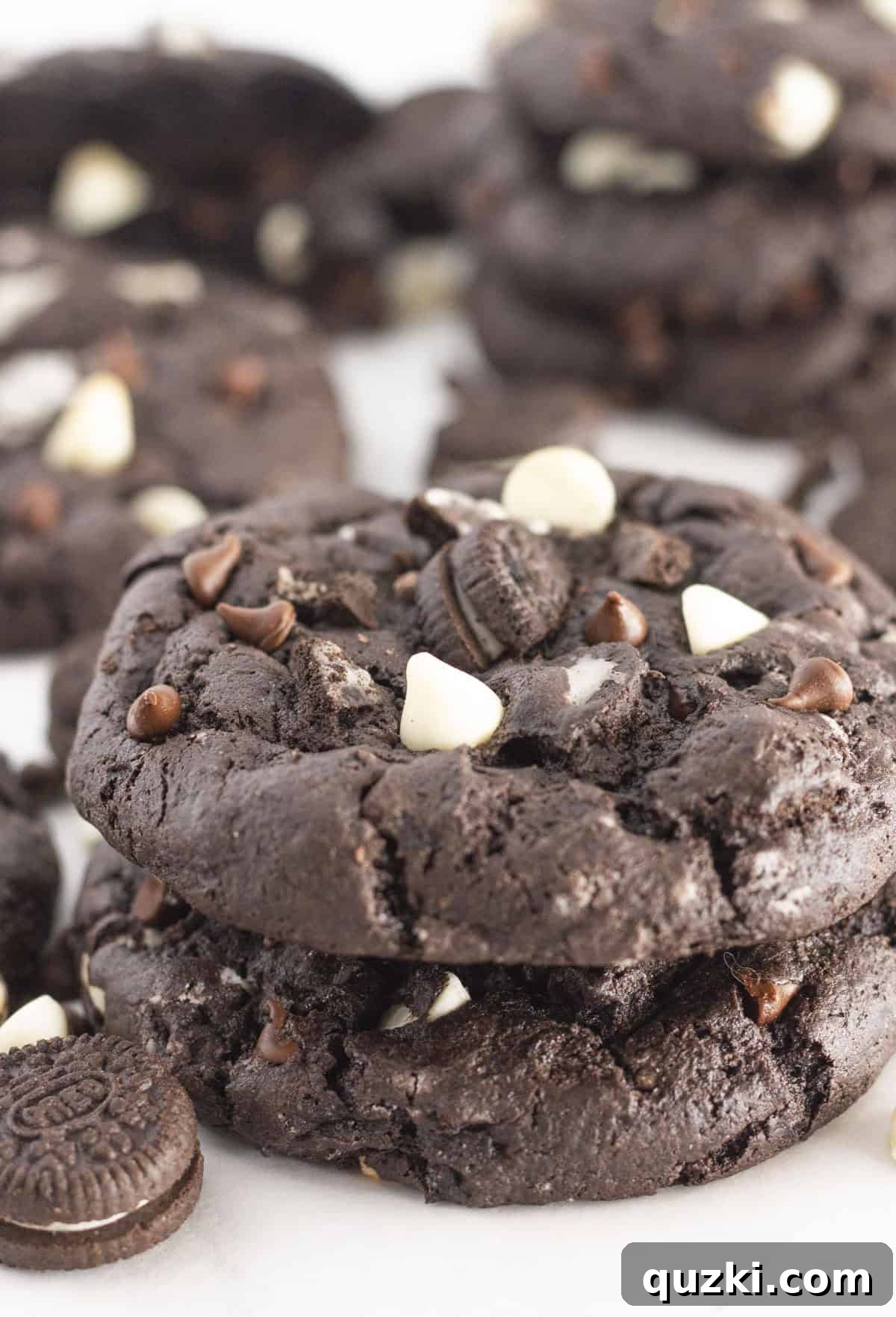 Cake Mix Cookie Magic: Decadent Chocolate Treats 8 Stacks of delicious Chocolate Cookies & Cream Cookies, featuring crumbled Oreos throughout their rich texture.