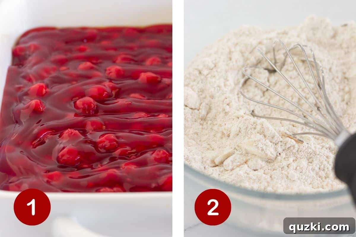 Two images side by side: one showing cherry pie filling being spread into a baking dish, and the other showing dry cake mix, sliced almonds, and cinnamon being whisked in a bowl.