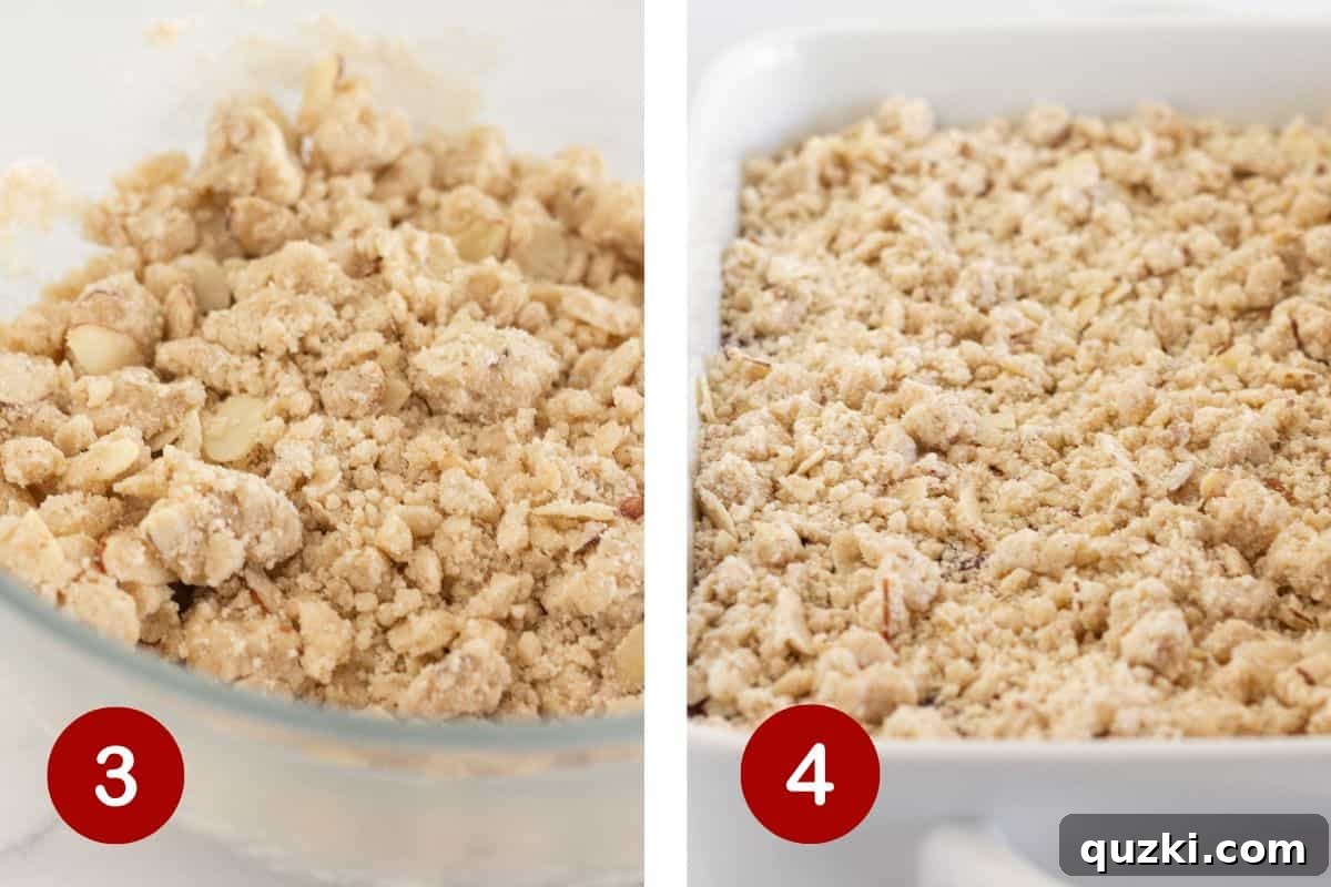 Two images side by side: one showing melted butter being added to the dry cake mix mixture, and the other showing the crumbly topping being sprinkled evenly over the cherry filling.