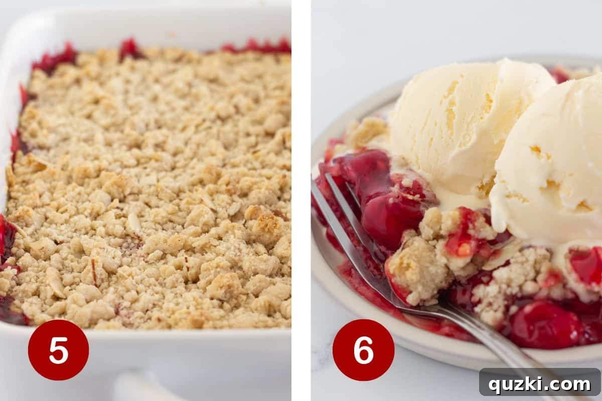 Two images side by side: one showing the golden-brown cherry cobbler fresh out of the oven, and the other showing a scoop of warm cobbler served with vanilla ice cream.