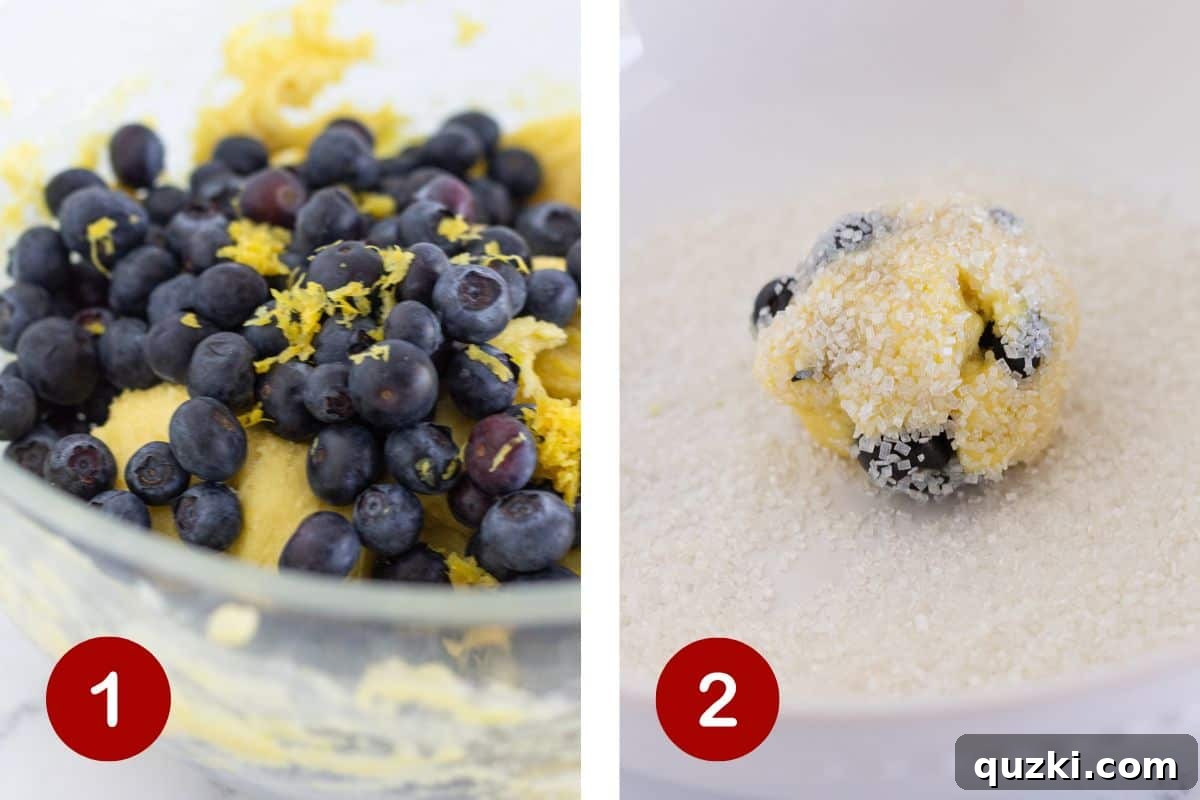 The process of preparing lemon blueberry cookie batter and rolling the dough in sugar sprinkles before baking.