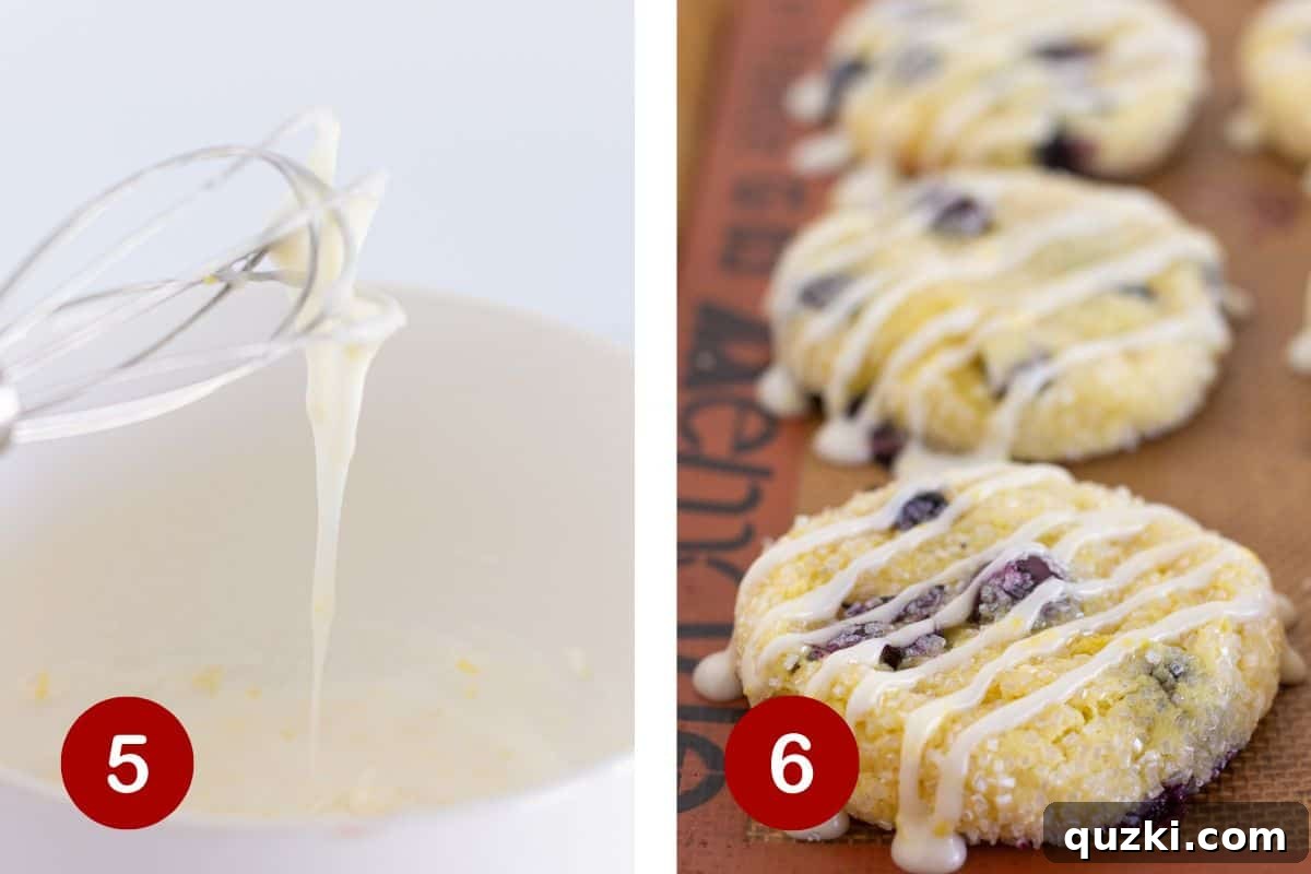 Applying the homemade lemon glaze to the cooled lemon blueberry cake mix cookies using a spoon, adding a final touch of citrusy sweetness.