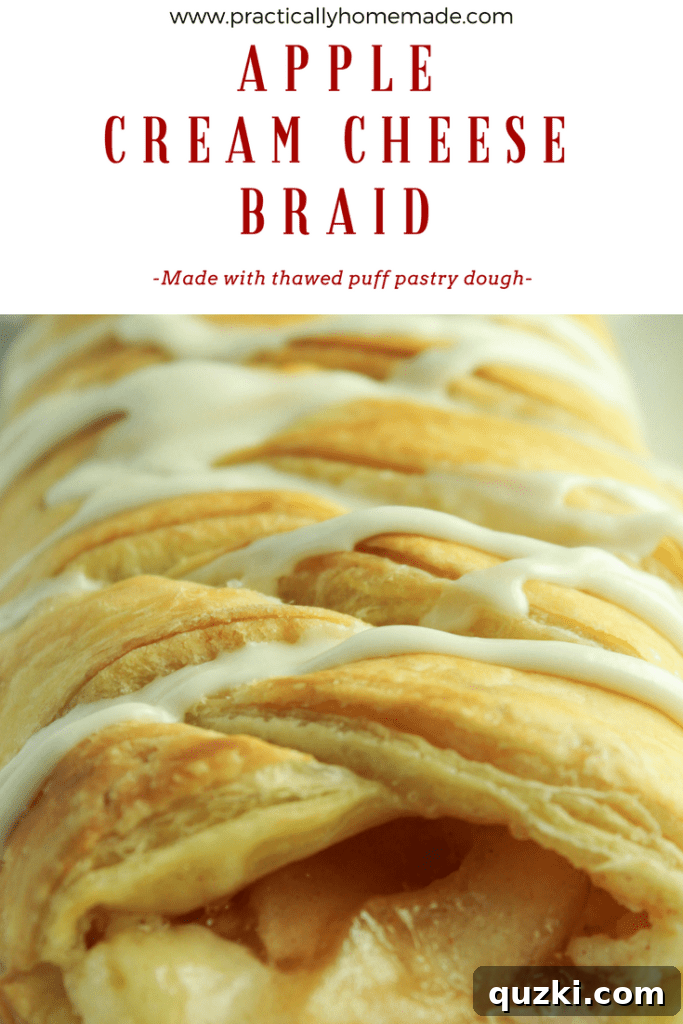 Sweet Apple Cream Cheese Braid 2 Golden-brown Apple Cream Cheese Braid drizzled with vanilla frosting, ready to be served.