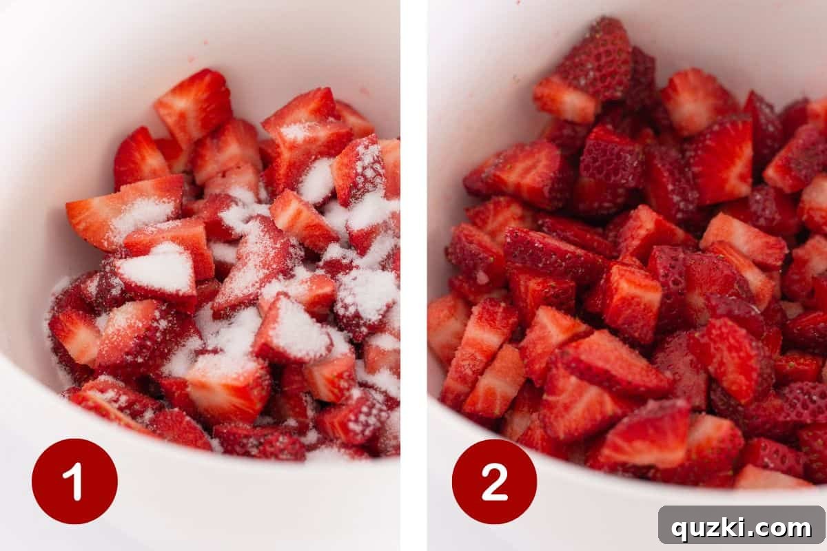 A visual guide showing sugar being added to sliced strawberries and stirred to ensure even coating.