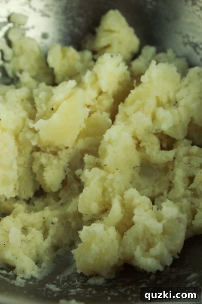 Close-up of mashed potato being seasoned for the stuffed tater recipe