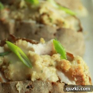 Close-up of a finished Turkey and Fixings Stuffed Tater ready to eat