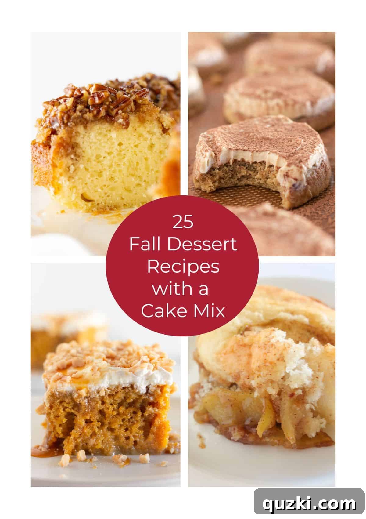 A collage showcasing four mouth-watering fall dessert recipes made easily with a cake mix, featuring autumnal colors and textures.