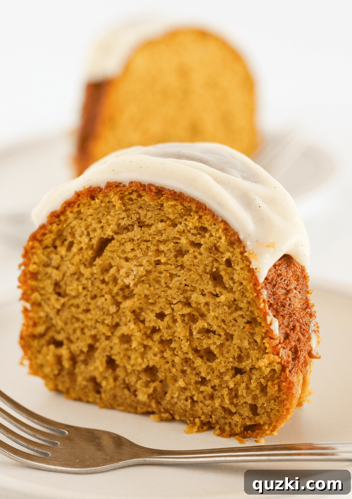 Two generous slices of Pumpkin Pound Cake, showing its dense, moist texture and inviting color.