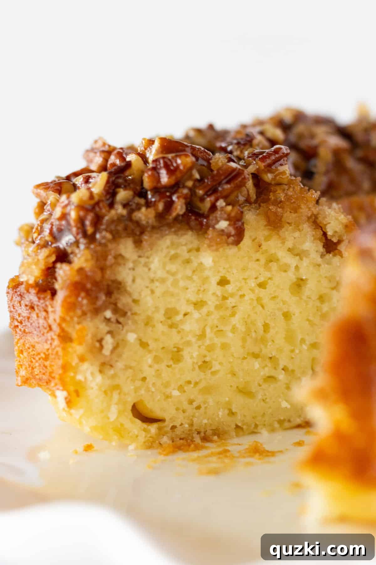 A close-up shot of the interior of a slice of Pecan Upside Down Bundt Cake, showcasing its moist texture and gooey pecan topping.