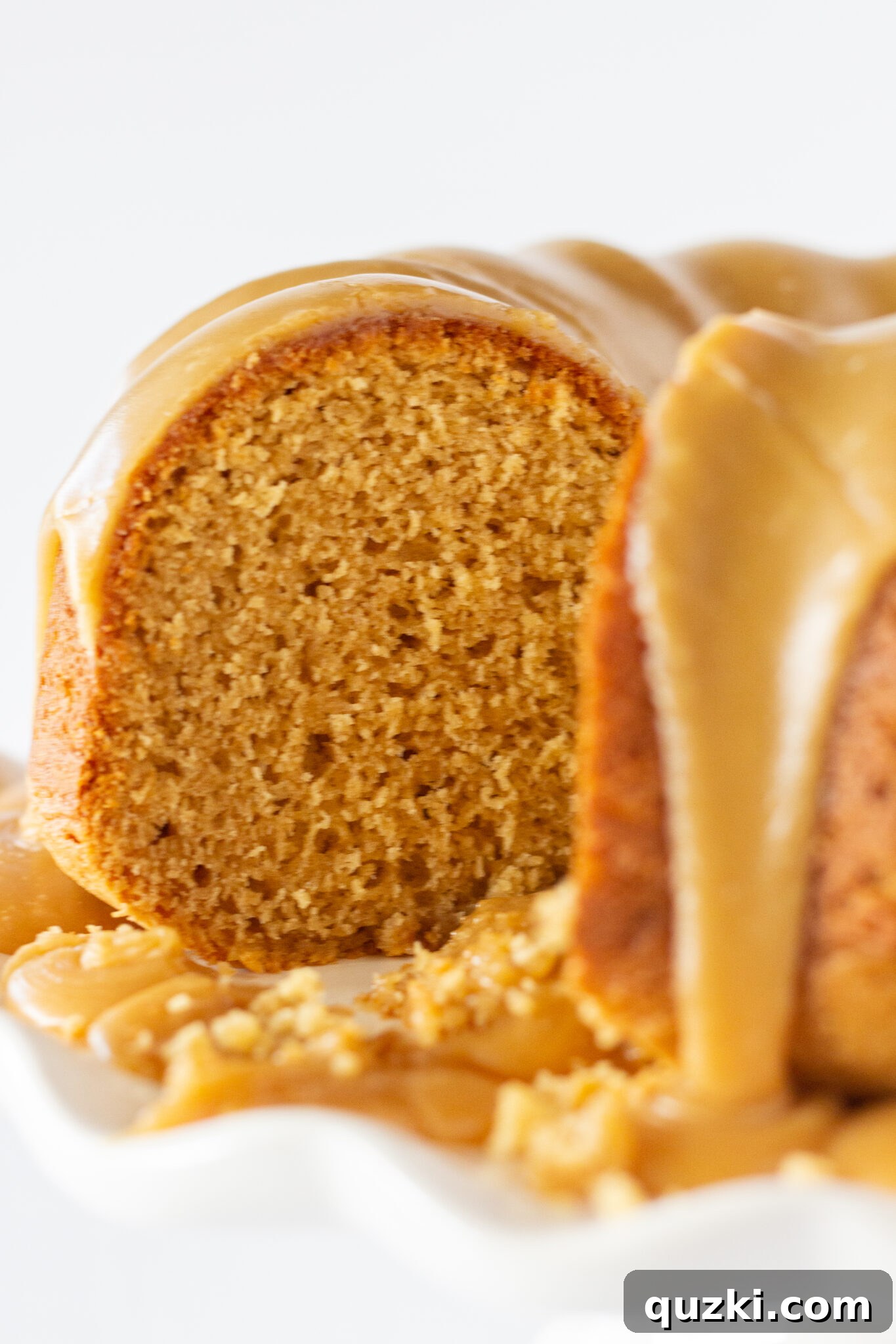 A cross-section of a moist Peanut Butter Bundt Cake, revealing its rich, dense interior.