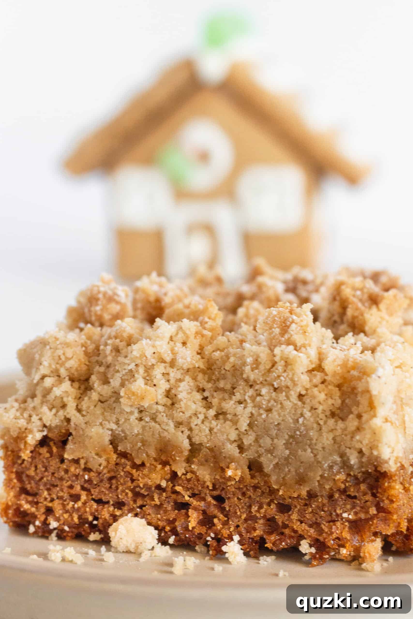 A perfect slice of Gingerbread Coffee Cake on a white plate, highlighting its moist crumb and spiced flavor.