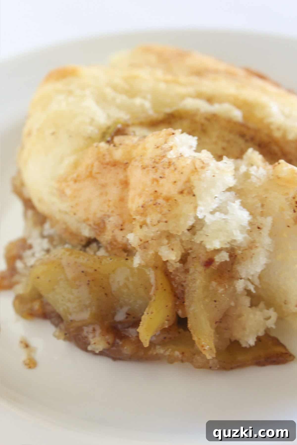 A serving of warm Cake Mix Apple Cobbler topped with a scoop of vanilla ice cream, on a white plate.