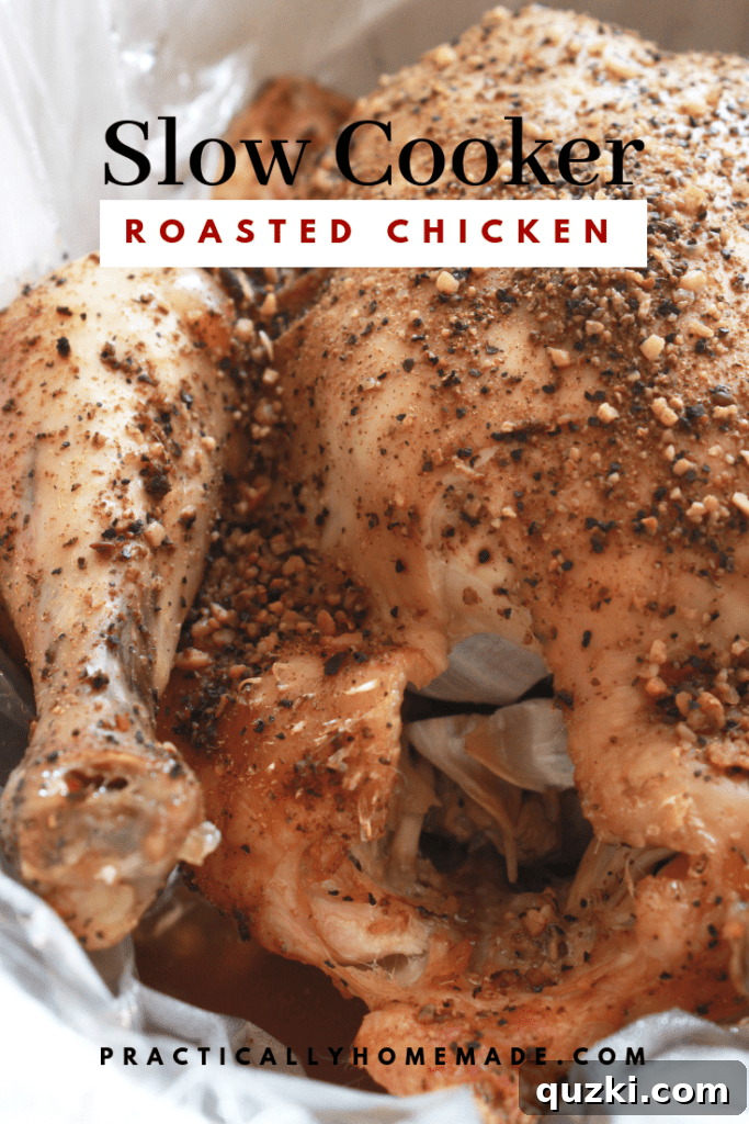 Slow Cooker Roasted Chicken, a whole chicken cooked in a slow cooker, juicy and golden brown, surrounded by herbs.