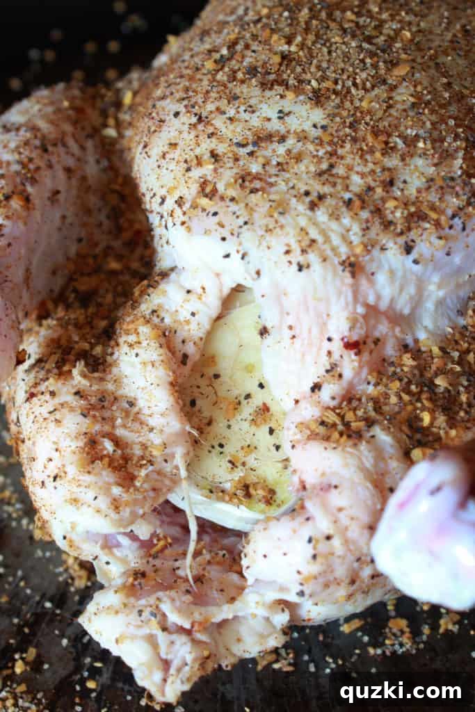Seasoned whole chicken ready for slow cooker.