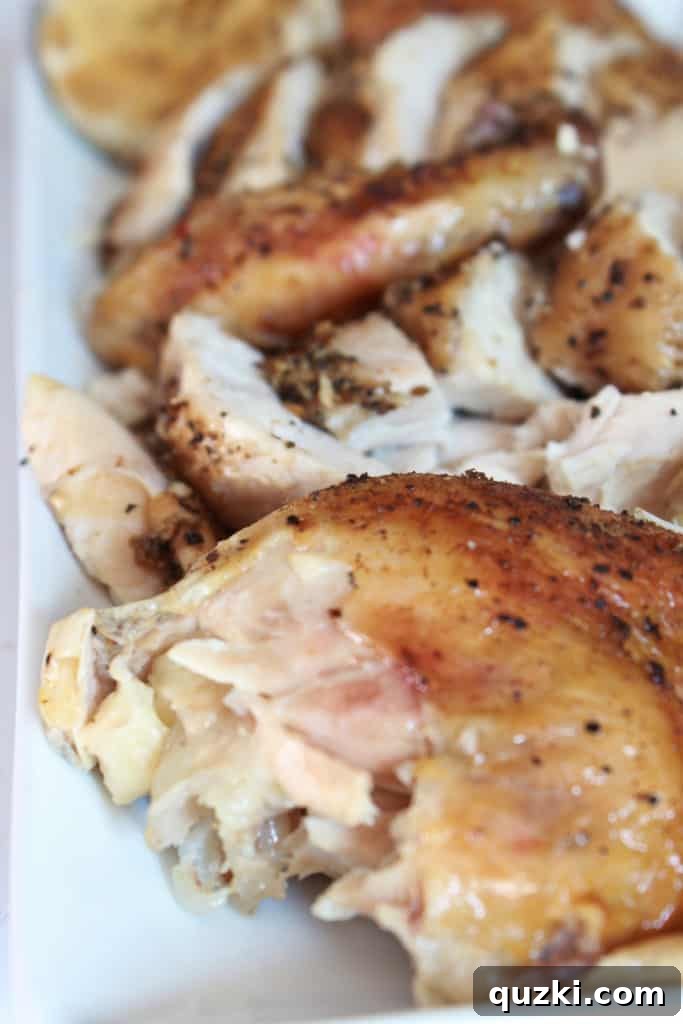 A plate of carved slow cooker roasted chicken with side dishes.