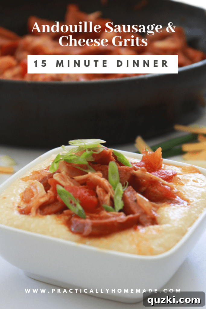 Fast and Flavorful 15-Minute Andouille Sausage Grits 2 Delicious 15 Minute Cheesy Andouille Sausage and Grits, a quick and easy Cajun recipe for busy weeknights, featured on a food blog.