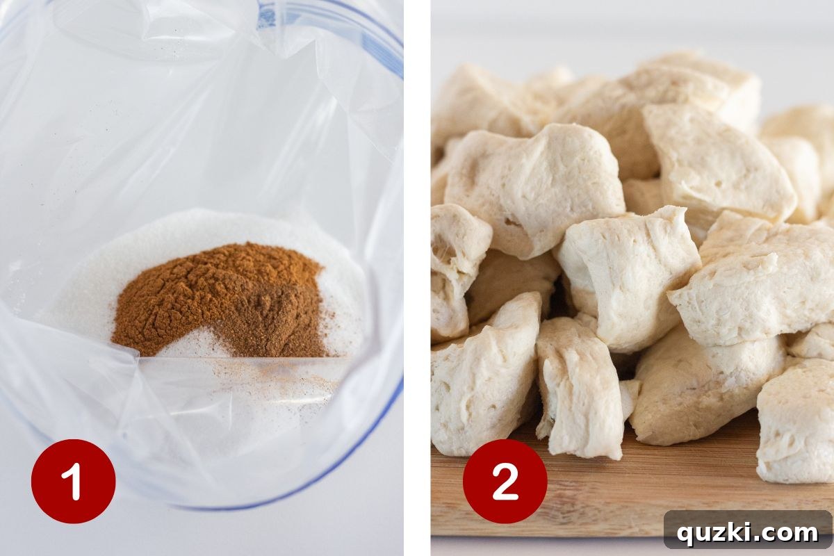 Heavenly Spiced Pumpkin Monkey Bread 4 The first two steps of making pumpkin monkey bread: combining cinnamon sugar mixture and cutting refrigerated biscuits into quarters.