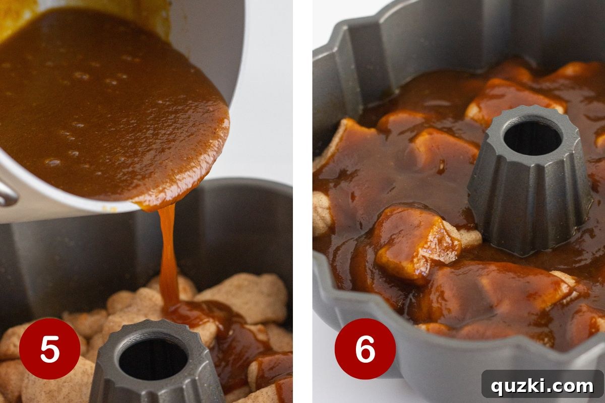 Heavenly Spiced Pumpkin Monkey Bread 6 Steps 5 and 6 of making Pumpkin Monkey Bread: preparing the rich pumpkin caramel sauce and pouring it generously over the biscuit pieces in the Bundt pan.