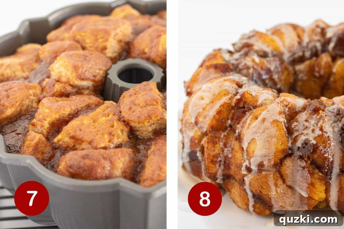 Heavenly Spiced Pumpkin Monkey Bread 7 Steps 7 and 8 of making Pumpkin Monkey Bread: baking the bread until golden and then cooling it before inverting it onto a serving plate.