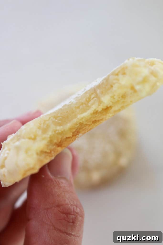 A close-up shot of a Kentucky Butter Cake Cookie broken in half, revealing its moist and tender interior.