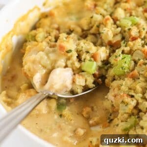 A delectable serving of Chicken and Stuffing Casserole, perfect for a cozy family dinner.
