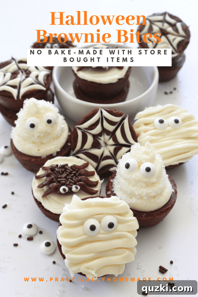 Ghoulishly Good Halloween Brownie Bites 2 Delicious and spooky Halloween Brownie Bites recipe, featuring ghost, spider web, mummy, and spider designs, perfect for parties and school treats.