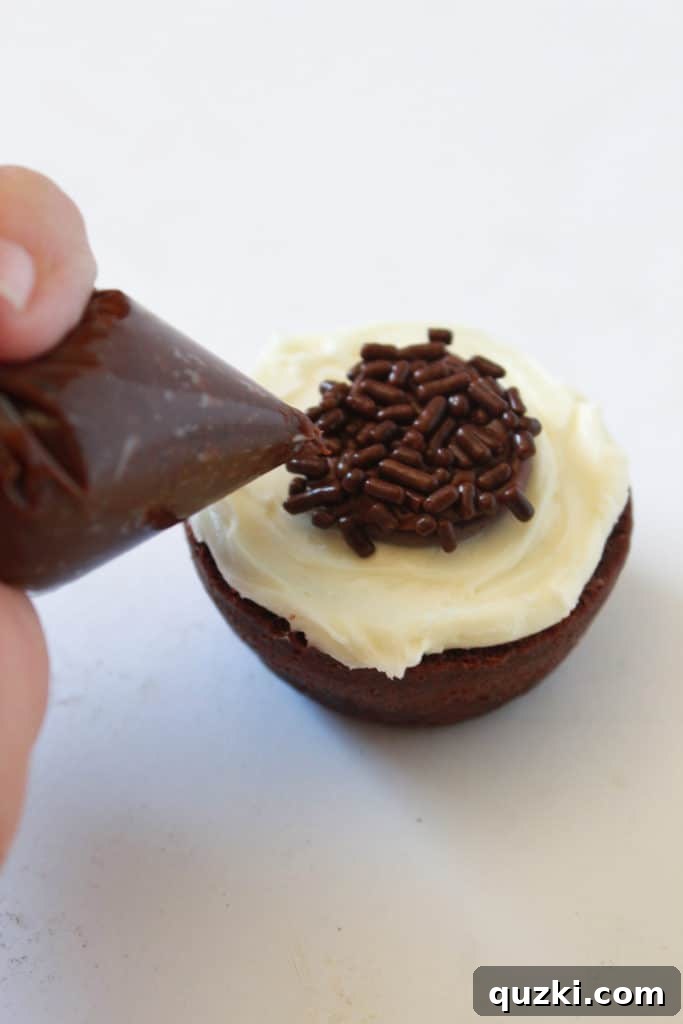 Ghoulishly Good Halloween Brownie Bites 12 Chocolate frosting piped onto the sprinkles to create eight spider legs extending from the body to the edge of the brownie bite.