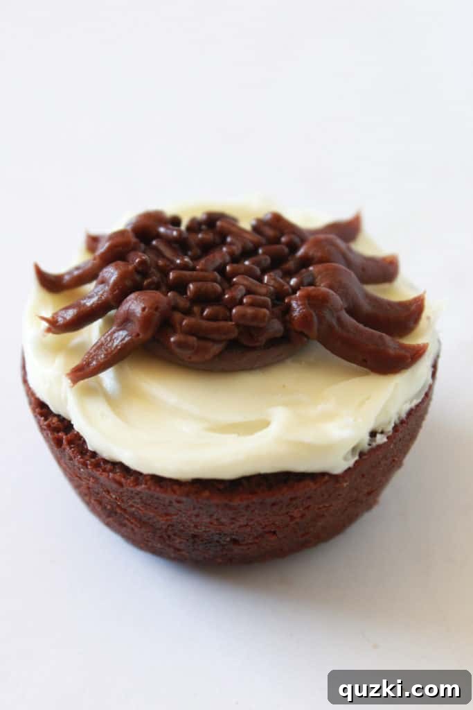 Ghoulishly Good Halloween Brownie Bites 13 A fully decorated Spider Halloween Brownie Bite with piped chocolate legs and vanilla frosting eyes topped with chocolate sprinkles.