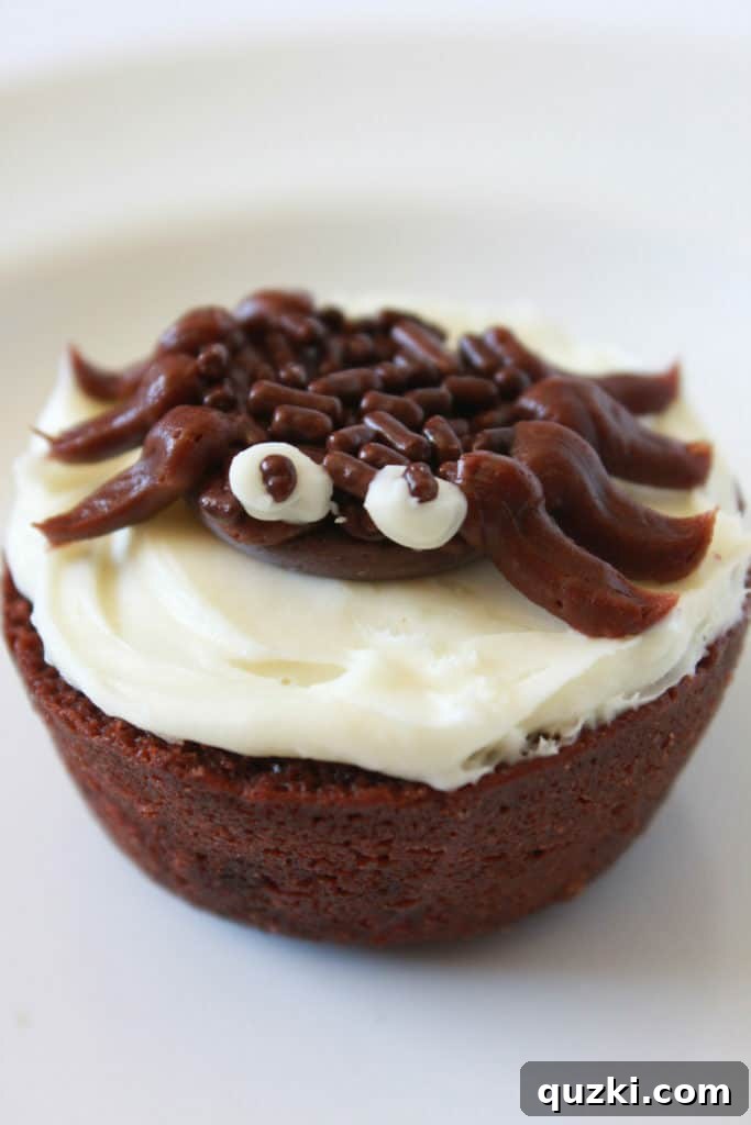 Ghoulishly Good Halloween Brownie Bites 14 Close-up of the spider's eyes, made from small dots of vanilla frosting and tiny chocolate sprinkles.
