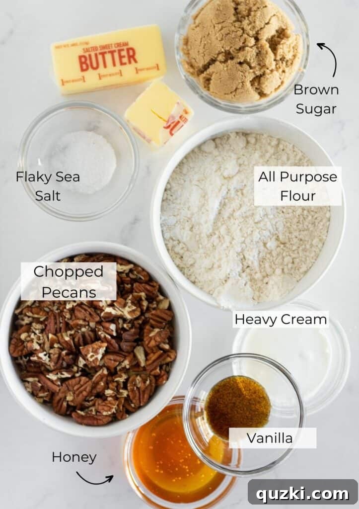Buttery Pecan Shortbread Bars 3 The array of essential ingredients required to bake delicious pecan shortbread bars, including butter, brown sugar, pecans, honey, and flour.
