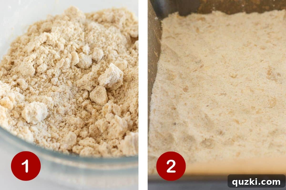 Buttery Pecan Shortbread Bars 4 Steps 1 and 2 of making pecan shortbread bars. The first image shows the butter and brown sugar being creamed, and the second shows the shortbread mixture pressed into the baking pan.