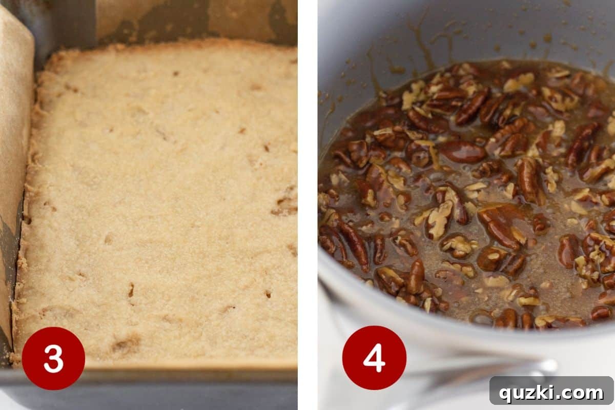 Buttery Pecan Shortbread Bars 5 Steps 3 and 4 of making pecan pie bars. The first image shows the baked golden crust cooling, and the second depicts the pecan topping mixture simmering in a saucepan.