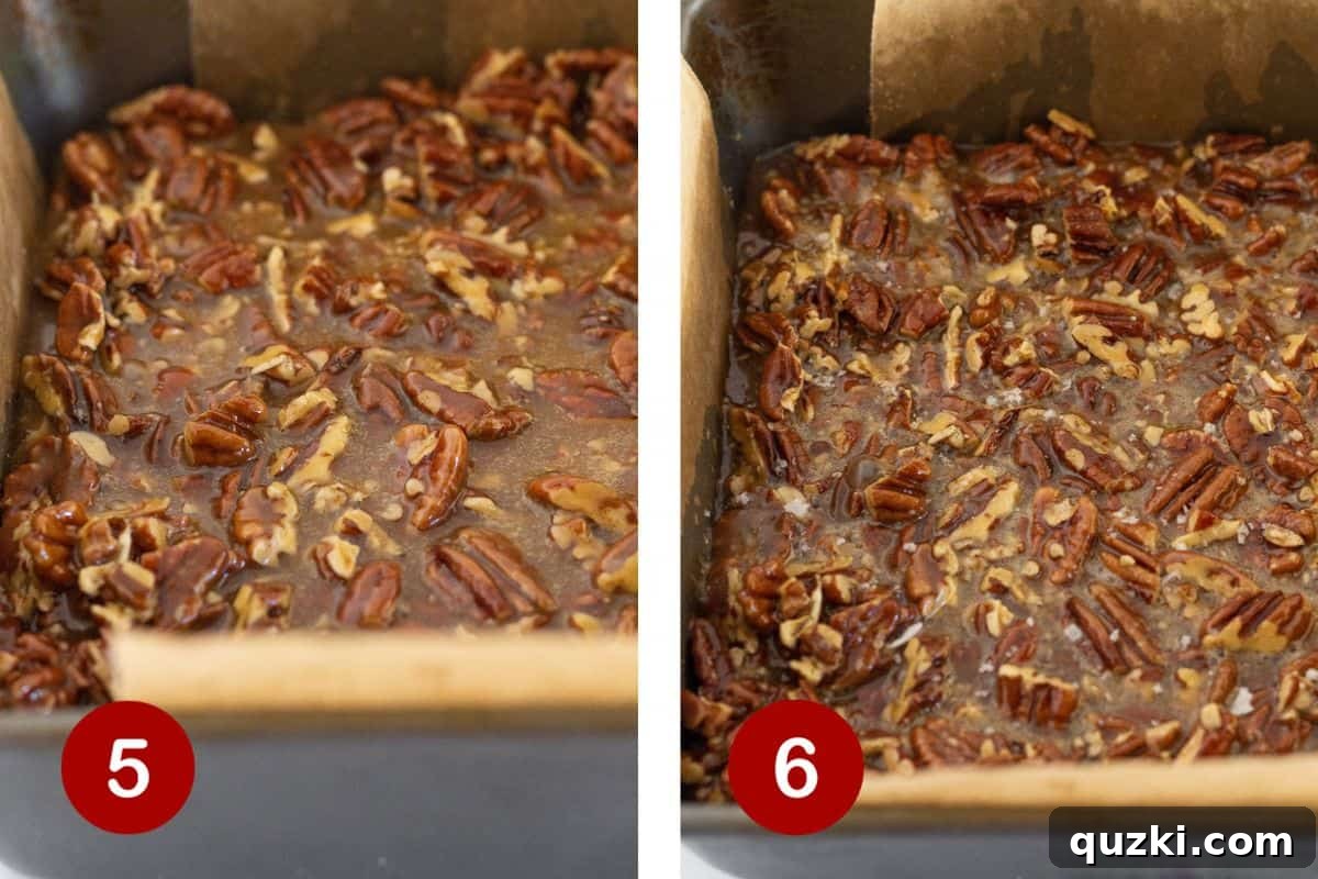 Buttery Pecan Shortbread Bars 6 Steps 5 and 6 of making pecan bars. The first image shows the pecan mixture being poured over the baked crust, and the second shows the finished bars sprinkled with salt and cooling.