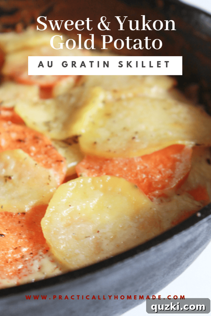 Creamy Sweet and Yukon Gold Potato Skillet Gratin 2 Savory Sweet and Yukon Gold Potato Au Gratin Skillet, a delicious layered potato side dish