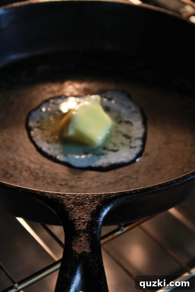 Creamy Sweet and Yukon Gold Potato Skillet Gratin 3 Preheating a cast iron skillet and melting butter for a savory potato gratin